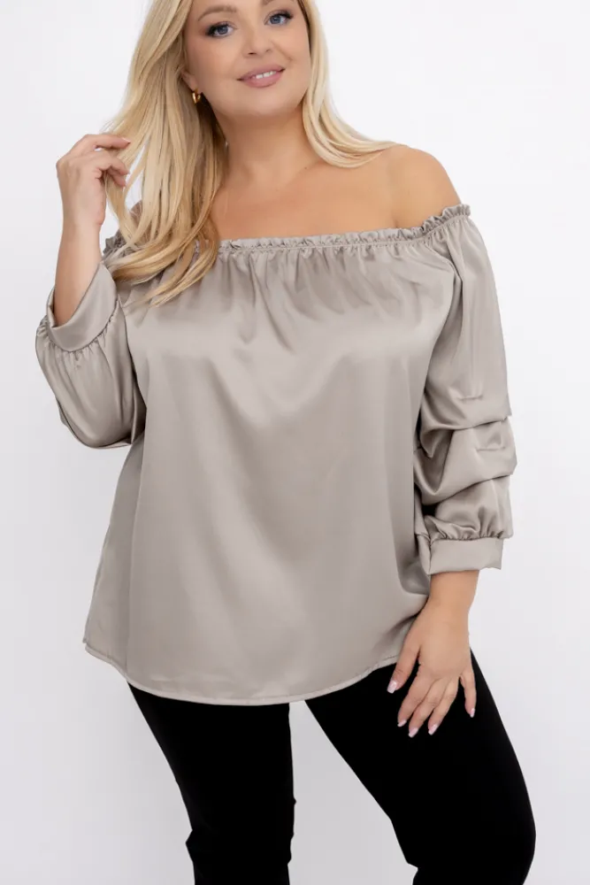 Damskie Włoski Beżowa Bluzka z marszczonymi rękawami HENDI