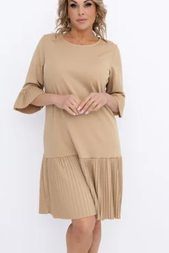 Włoski Beżowa Sukienka z plisowaną falbaną SENORI