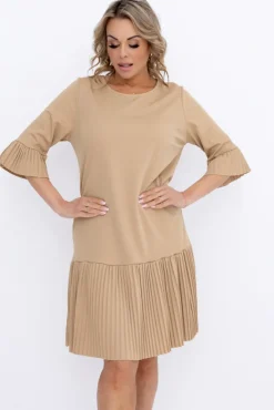 Włoski Beżowa Sukienka z plisowaną falbaną SENORI