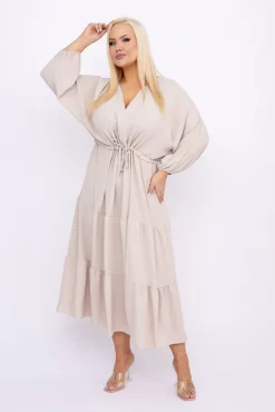 Włoski Beżowa Sukienka z rozcięciem TERUMI