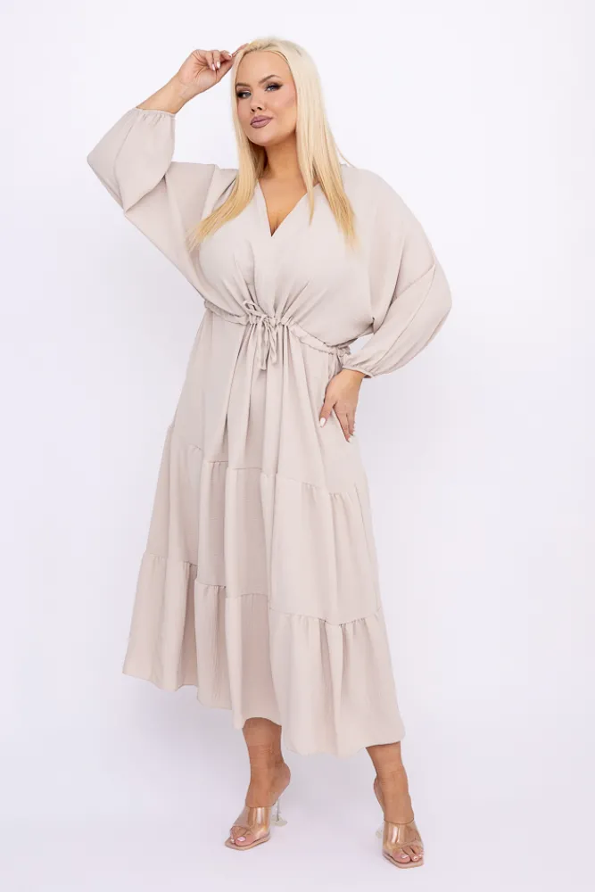 Włoski Beżowa Sukienka z rozcięciem TERUMI
