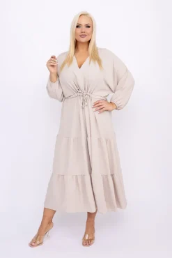 Włoski Beżowa Sukienka z rozcięciem TERUMI