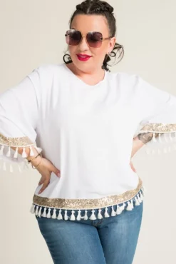 Damskie Polski Biała Bluzka z frędzelkami GARMINA