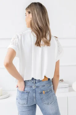 Damskie Włoski Biała Bluzka z koronkowymi rękawami BELOXI