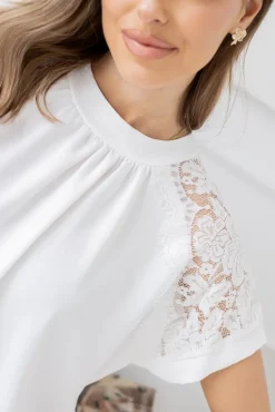 Damskie Włoski Biała Bluzka z koronkowymi rękawami BELOXI