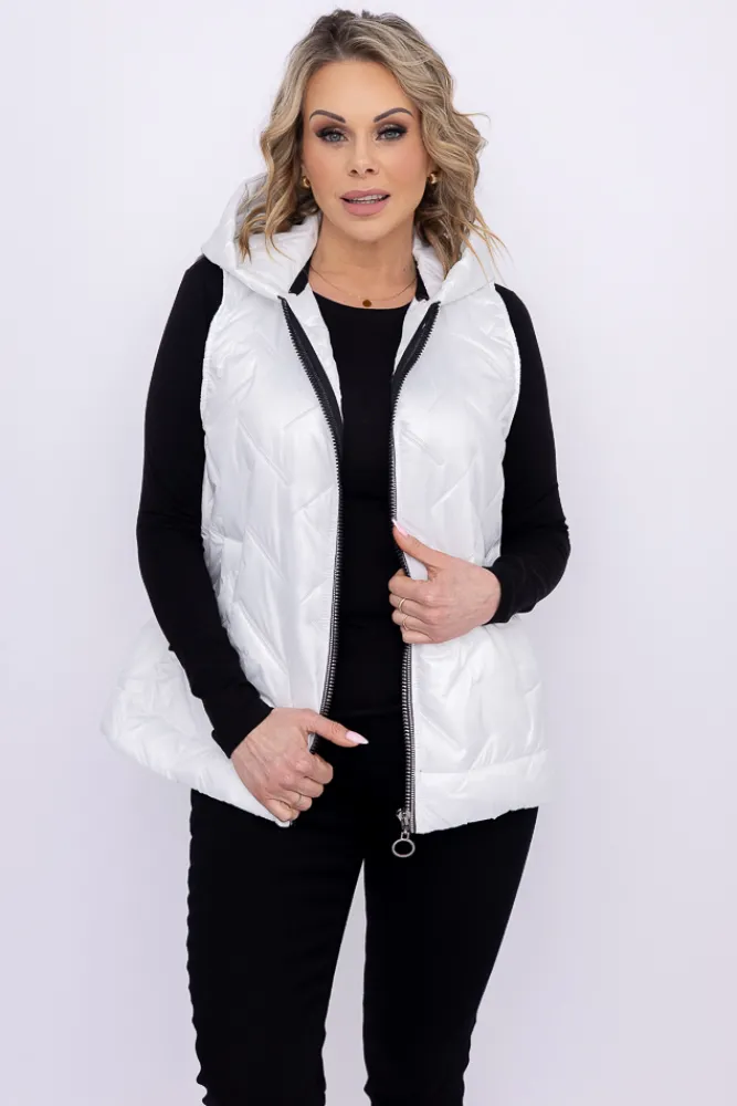 Damskie Polski Biała pikowana Kamizelka z kapturem SUMENTO