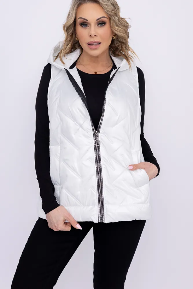 Damskie Polski Biała pikowana Kamizelka z kapturem SUMENTO