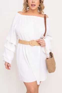 Polski Biała Sukienka z marszczonymi rękawami LERTIA