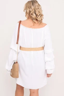 Polski Biała Sukienka z marszczonymi rękawami LERTIA