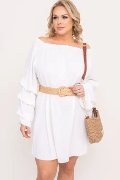 Polski Biała Sukienka z marszczonymi rękawami LERTIA