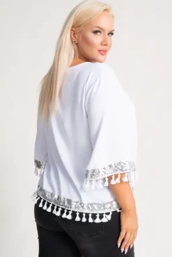 Damskie Polski Biało-srebrna Bluzka z frędzelkami GARMINA