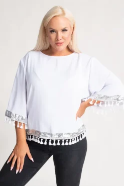 Damskie Polski Biało-srebrna Bluzka z frędzelkami GARMINA