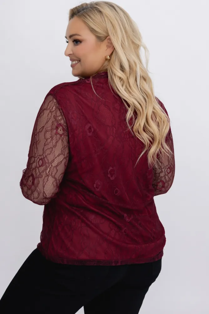 Damskie Włoski Bordowa Bluzka koronkowa OLIEN