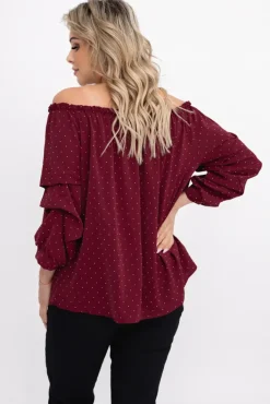 Damskie Włoski Bordowa Bluzka z marszczonymi rękawami HENDI Wzór 2