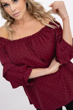 Damskie Włoski Bordowa Bluzka z marszczonymi rękawami HENDI Wzór 2