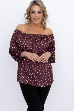 Damskie Włoski Bordowa Bluzka z marszczonymi rękawami HENDI Wzór 1