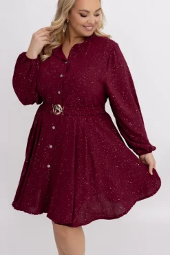 Włoski Bordowa błyszcząca Sukienka z paskiem RESTORI