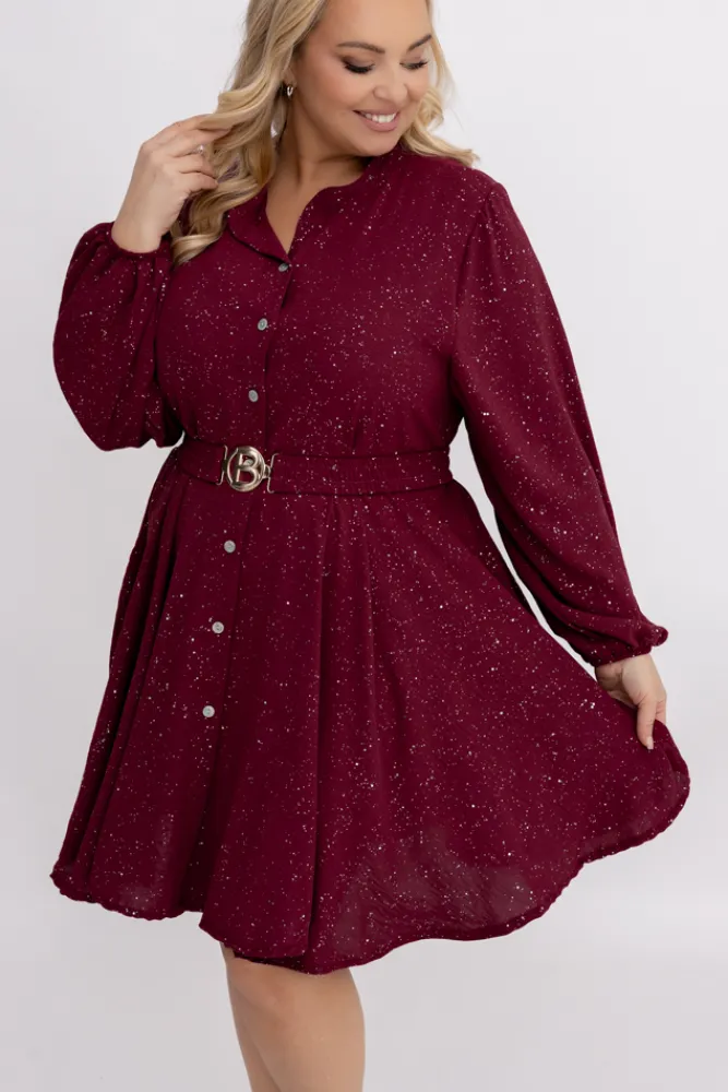 Włoski Bordowa błyszcząca Sukienka z paskiem RESTORI