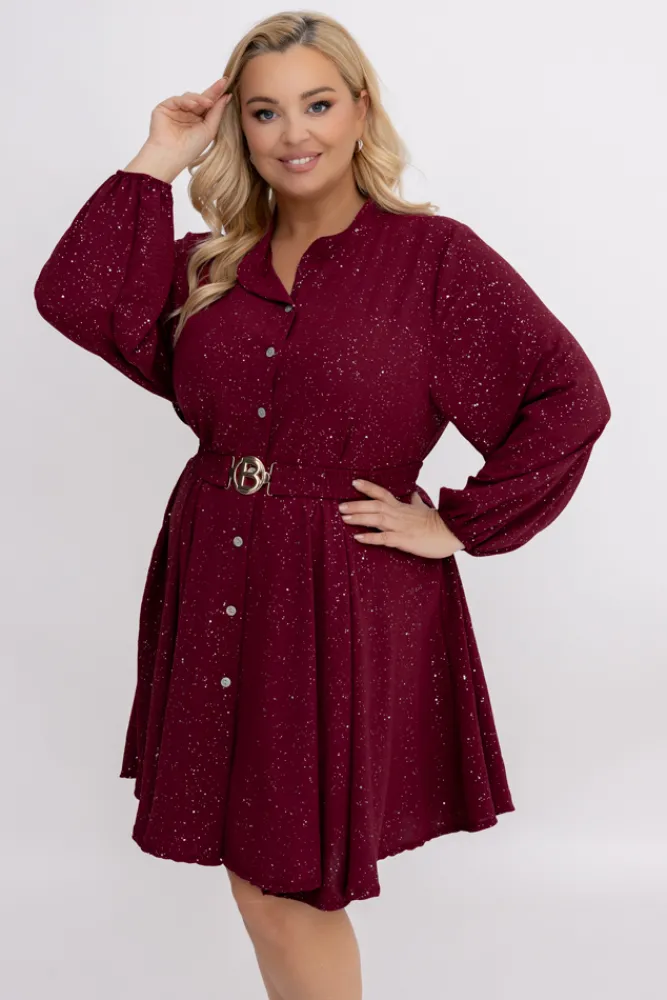 Włoski Bordowa błyszcząca Sukienka z paskiem RESTORI