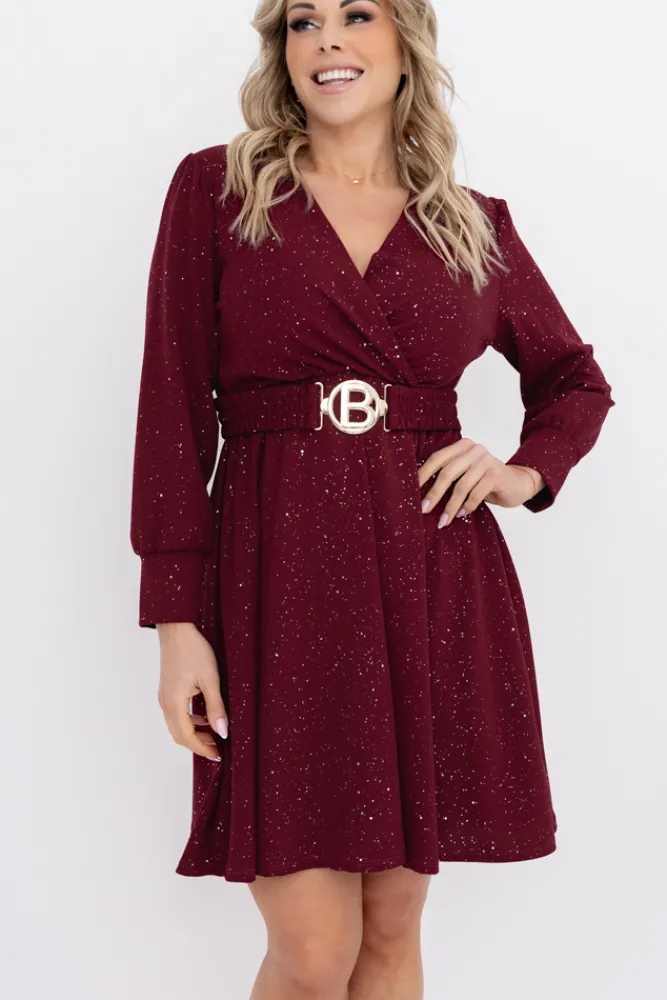 Włoski Bordowa błyszcząca Sukienka z paskiem SARMANIA