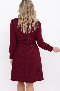 Włoski Bordowa błyszcząca Sukienka z paskiem SARMANIA