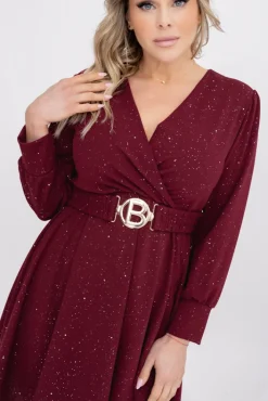 Włoski Bordowa błyszcząca Sukienka z paskiem SARMANIA