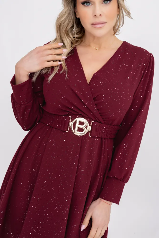 Włoski Bordowa błyszcząca Sukienka z paskiem SARMANIA