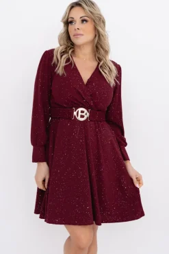 Włoski Bordowa błyszcząca Sukienka z paskiem SARMANIA