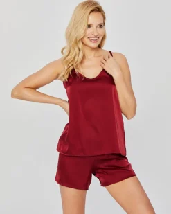 Polski Bordowa Piżama satynowa z szortami PELOZI