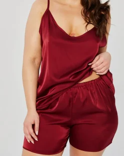 Polski Bordowa Piżama satynowa z szortami PELOZI