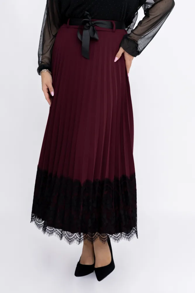 Włoski Bordowa Spódnica plisowana z paskiem GARIOLI