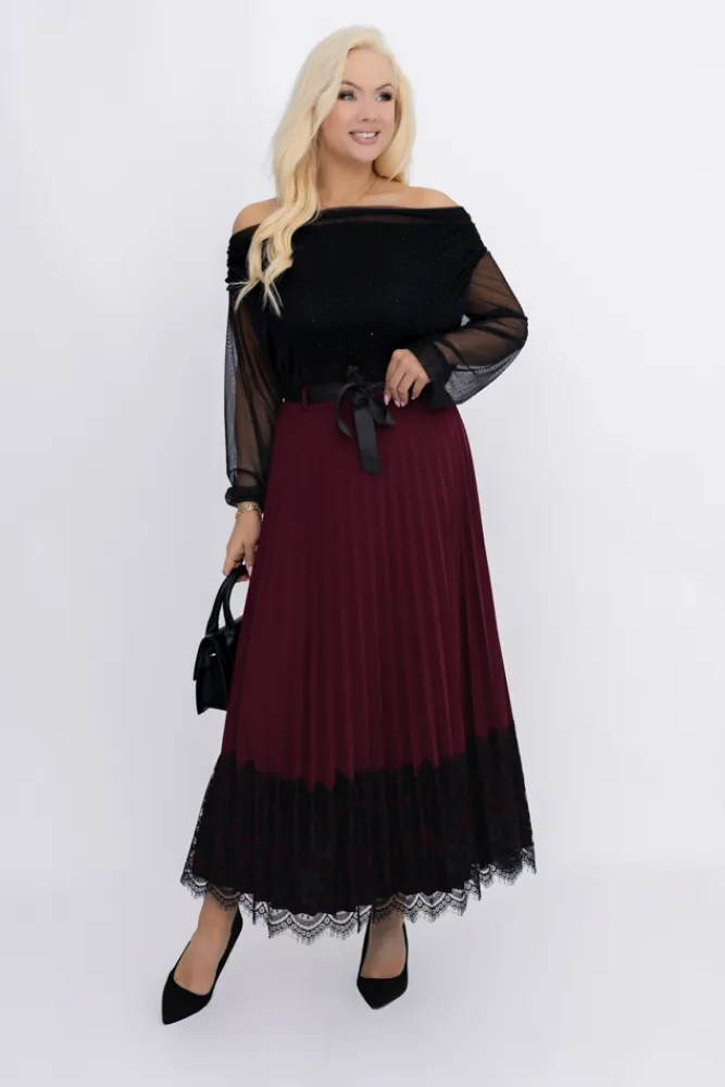 Włoski Bordowa Spódnica plisowana z paskiem GARIOLI