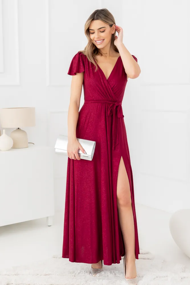 Polski Bordowa Sukienka brokatowa HESIO