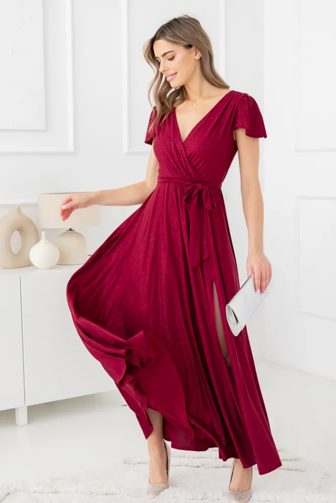 Polski Bordowa Sukienka brokatowa HESIO