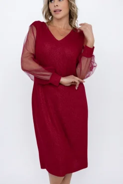 Polski Bordowa Sukienka błyszcząca z prześwitującymi rękawami FENTI