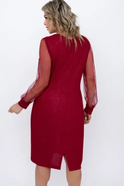Polski Bordowa Sukienka błyszcząca z prześwitującymi rękawami FENTI