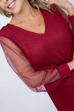 Polski Bordowa Sukienka błyszcząca z prześwitującymi rękawami FENTI