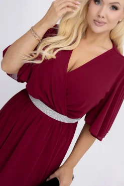 Włoski Bordowa Sukienka szyfonowa z paskiem EGELI