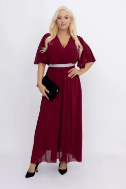 Włoski Bordowa Sukienka szyfonowa z paskiem EGELI