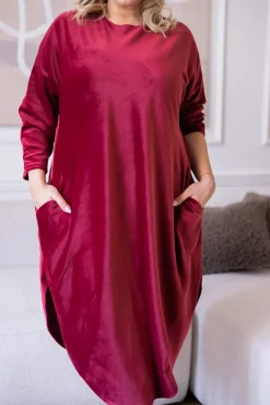 Polski Bordowa Sukienka welurowa TAGIO