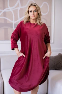 Polski Bordowa Sukienka welurowa TAGIO