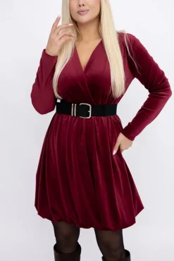 Włoski Bordowa Sukienka welurowa VILLENA