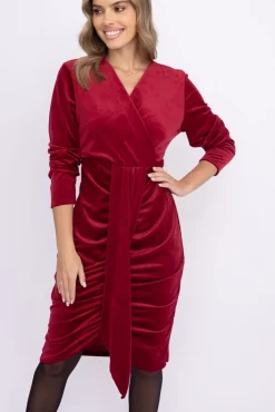 Włoski Bordowa Sukienka welurowa PAFINERI