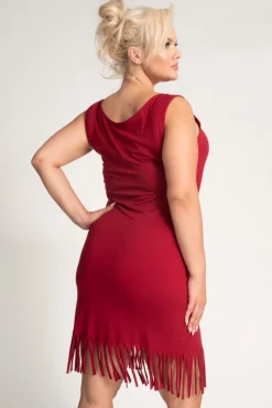 Polski Bordowa Sukienka z frędzlami RIVIO