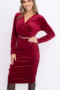 Włoski Bordowa Sukienka z marszczeniem FAVI