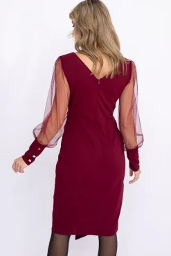 Włoski Bordowa Sukienka z prześwitującymi rękawami KENVIRIO