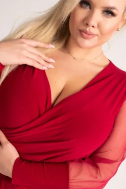 Polski Bordowa Sukienka z przezroczystymi rękawami MESIGO