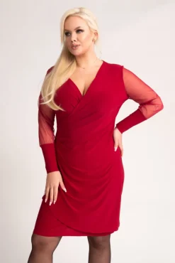 Polski Bordowa Sukienka z przezroczystymi rękawami MESIGO