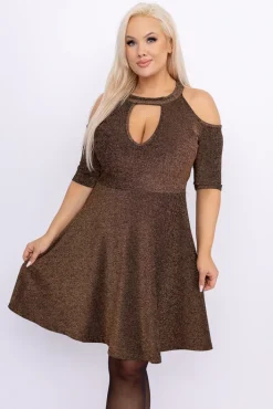 Włoski Brązowa Sukienka błyszcząca z odkrytymi ramionami SAMANTA