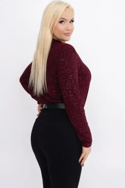 Damskie Włoski Burgundowa Bluzka błyszcząca z półgolfem LOKI